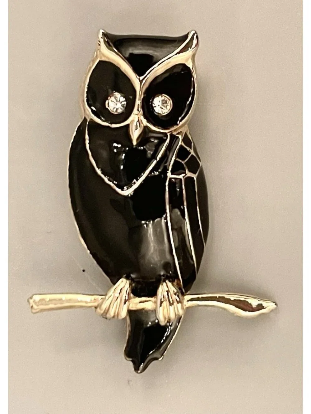 Vintage Owl Brooch Black Enamel Gold Tone Rhinestones Simple Retro